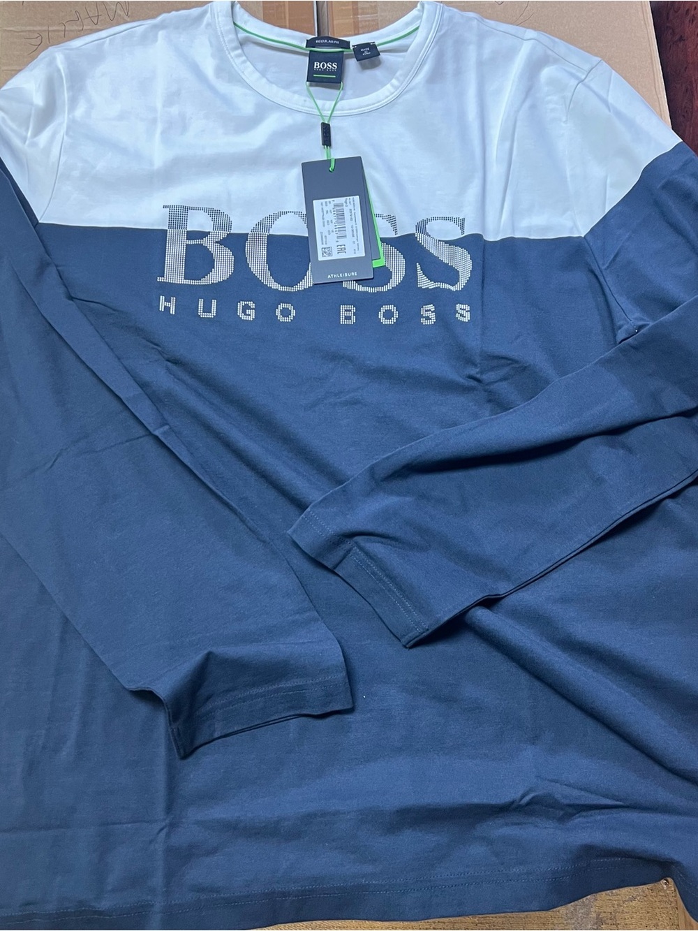 Hugo Boss White and Navy Colorblock Logo Long Sleeve Tee